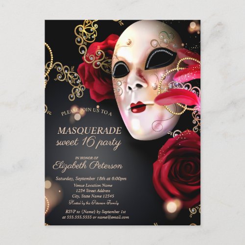 Masquerade Red Roses Sweet 16  Invitation Postcard