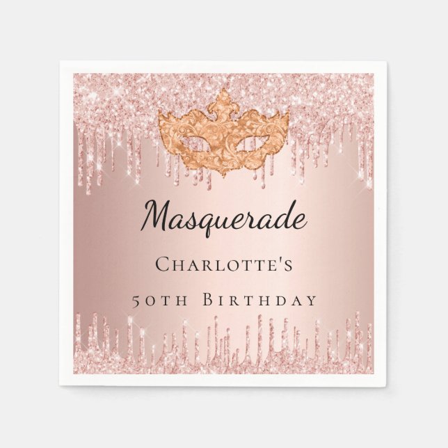Masquerade rose gold drips birthday party  napkins (Front)