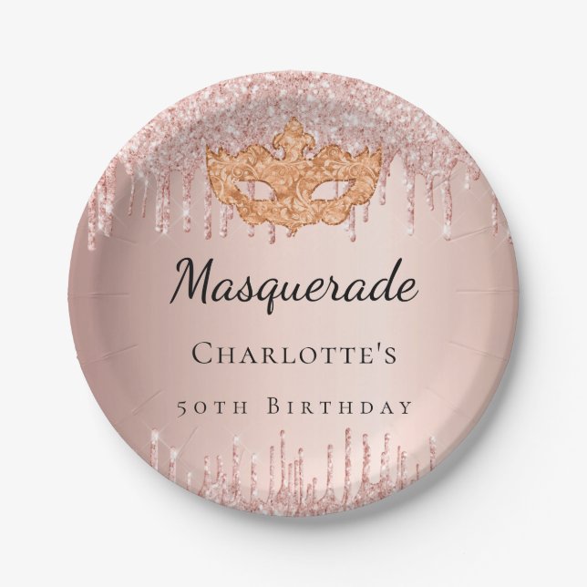 Masquerade rose gold drips birthday party paper plates (Front)