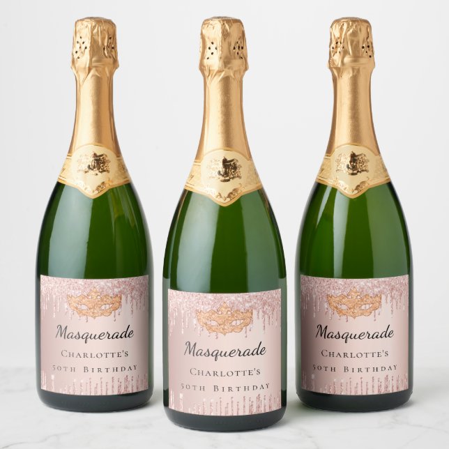 Masquerade rose gold drips birthday party sparkling wine label (Bottles)