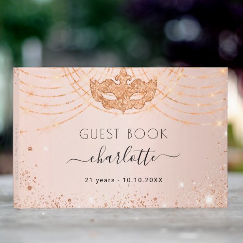 Masquerade rose gold glitter birthday party guest book