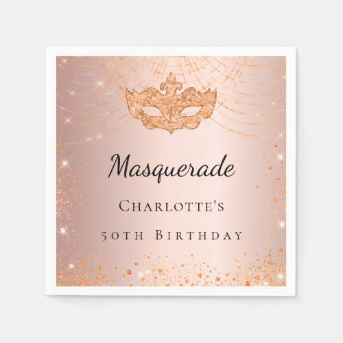 Masquerade rose gold glitter birthday party napkins