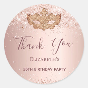 Masquerade rose gold glitter birthday Thank You Classic Round Sticker