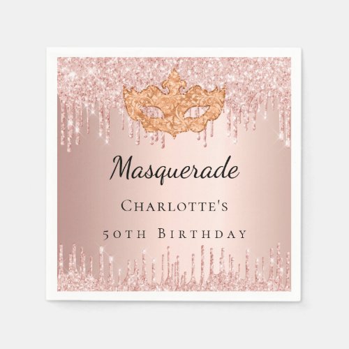 Masquerade rose gold glitter drips birthday party  napkins