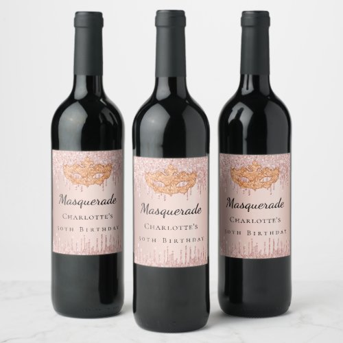 Masquerade rose gold glitter drips birthday party wine label