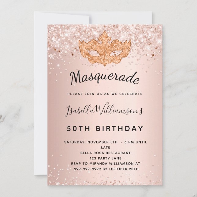 Masquerade rose gold glitter dust birthday invitation (Front)