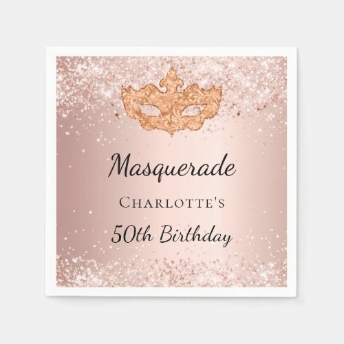 Masquerade rose gold glitter dust birthday party napkins