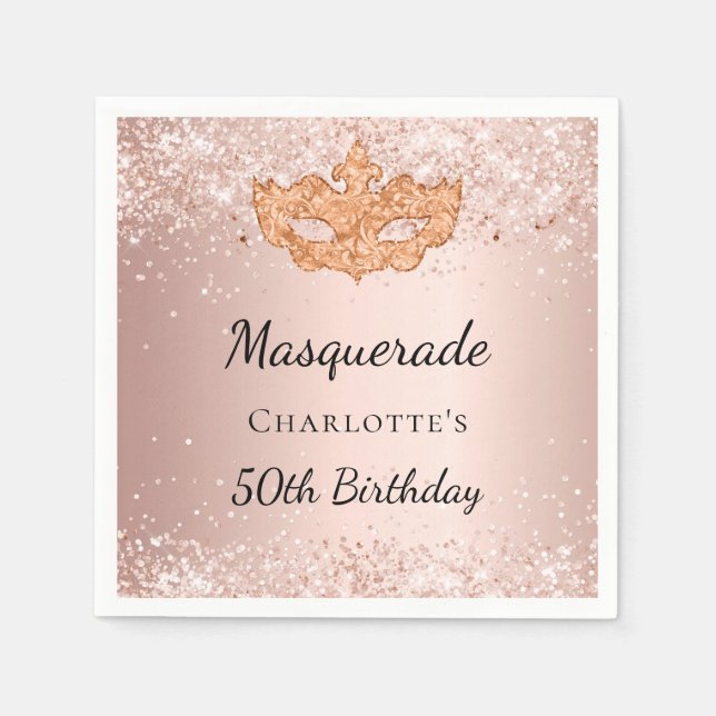 Masquerade rose gold glitter dust birthday party napkins (Front)