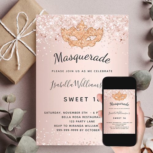 Masquerade rose gold glitter dust Sweet 16 Invitation