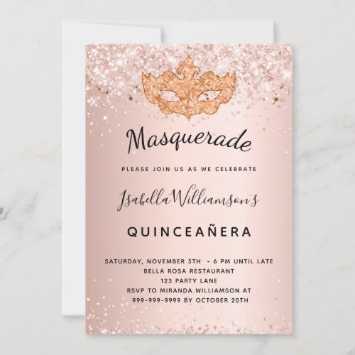 Masquerade rose gold glitter Quinceanera Invitation