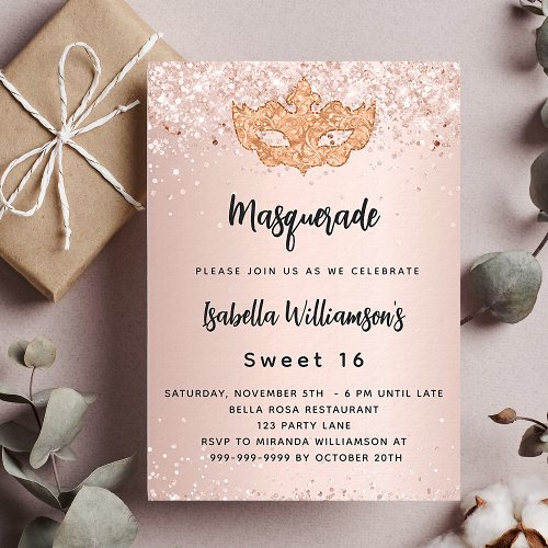 Masquerade rose gold glitter Sweet 16 luxury Invitation