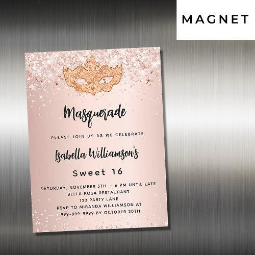 Masquerade rose gold glitter Sweet 16 luxury Magnetic Invitation