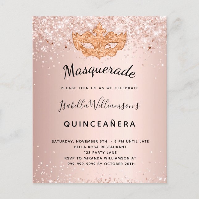 Masquerade rose gold Quinceanera invitation (Front)