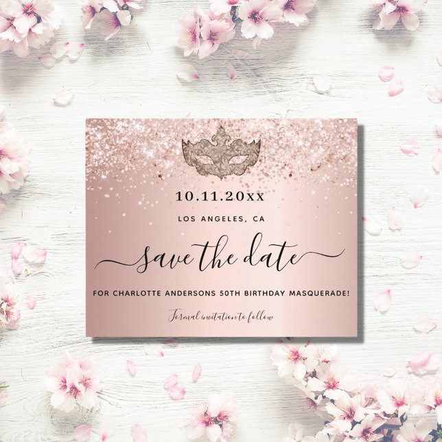 Masquerade rose gold save the date card (Creator Uploaded)