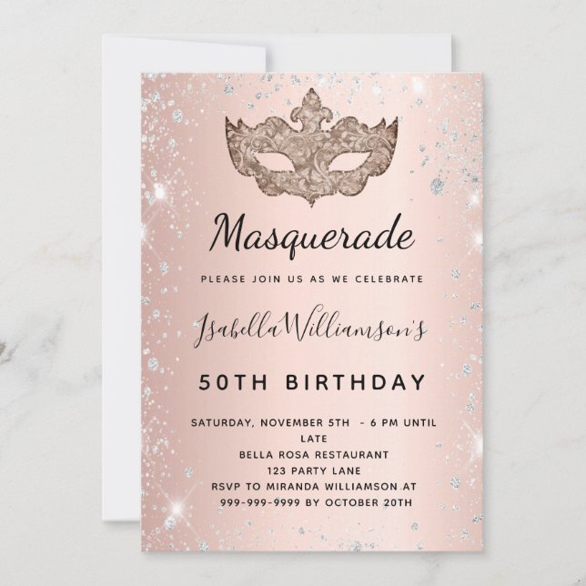 Masquerade rose gold silver glitter birthday invitation (Front)