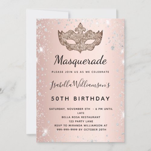 Masquerade rose gold silver glitter birthday invitation