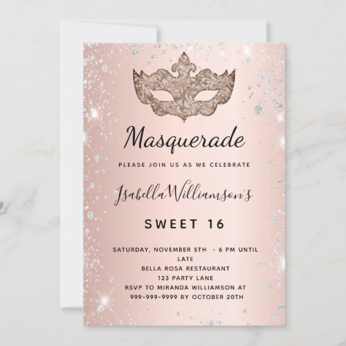 Masquerade rose gold silver glitter dust Sweet 16 Invitation