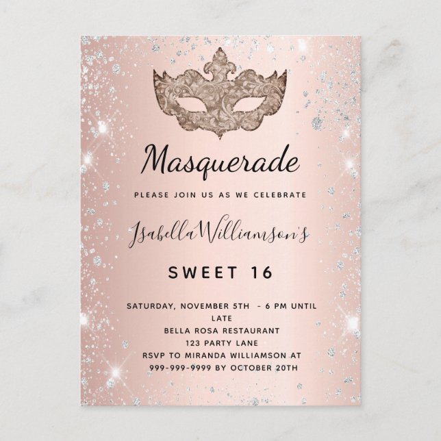 Masquerade rose gold silver glitter dust Sweet 16 Invitation Postcard (Front)