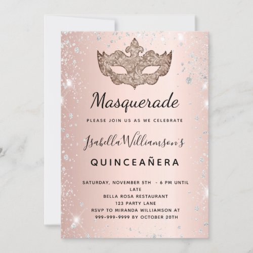 Masquerade rose gold silver glitter Quinceanera Invitation