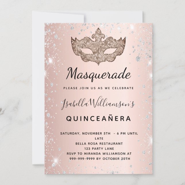 Masquerade rose gold silver glitter Quinceanera Invitation (Front)
