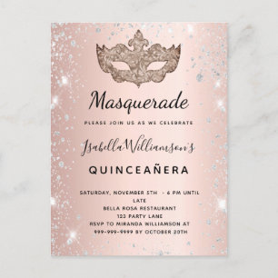 Masquerade rose gold silver glitter Quinceanera Invitation Postcard
