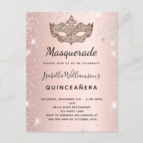 Masquerade rose gold silver glitter Quinceanera Invitation Postcard