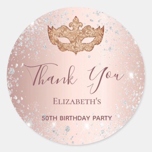 Masquerade rose gold silver glitter Thank You Classic Round Sticker