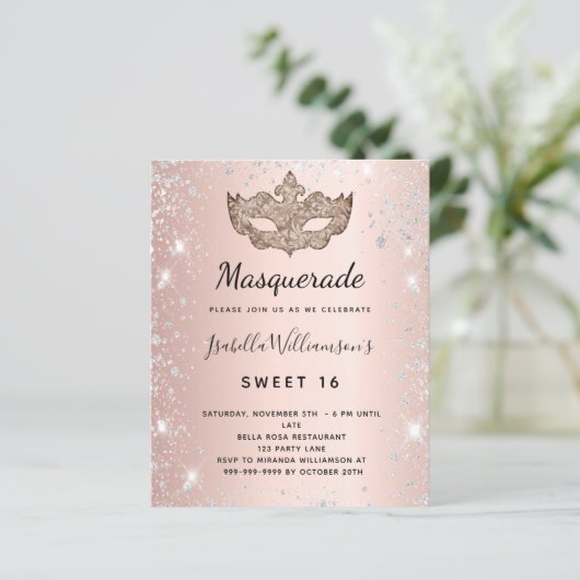 Masquerade rose gold silver Sweet 16 invitation (Standing Front)