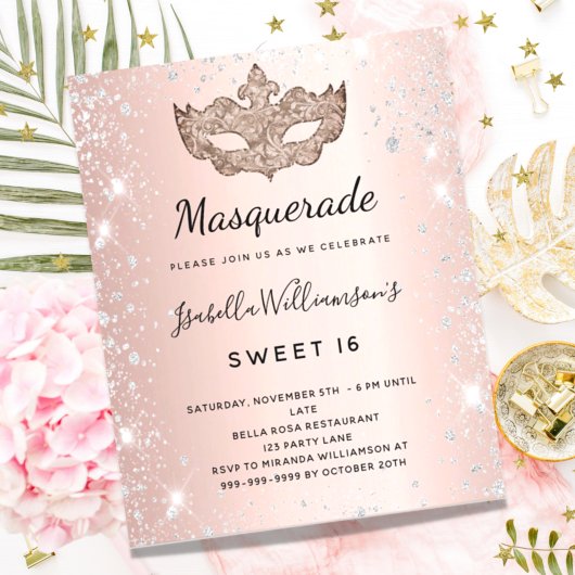 Masquerade rose gold silver Sweet 16 invitation