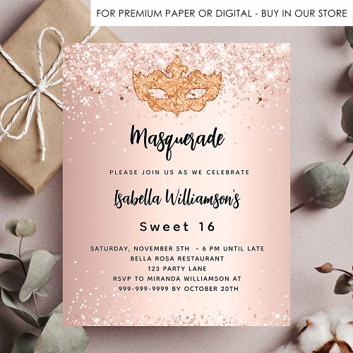 Masquerade rose gold Sweet 16 budget invitation Flyer