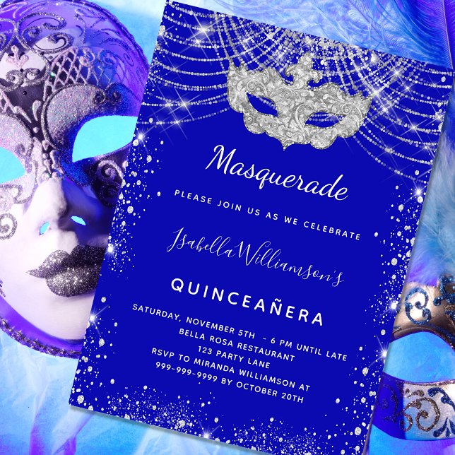 Masquerade royal blue silver Quinceanera party Invitation