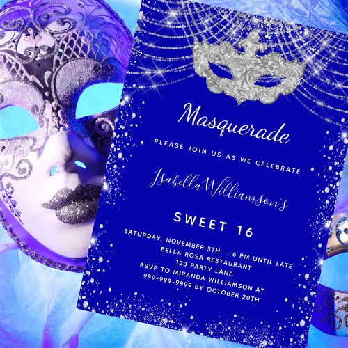 Masquerade royal blue silver Sweet 16 party Invitation