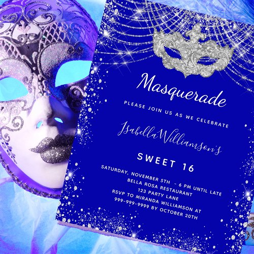 Masquerade royal blue Sweet 16 budget invitation Flyer