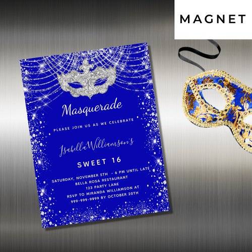 Masquerade royal blue Sweet 16 invitation magnet