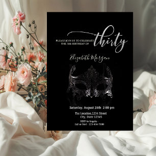 Masquerade,Silver Masque Black 30th Birthday Invitation