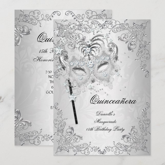 Masquerade Silver Quinceanera 15th Birthday Invitation (Front/Back)