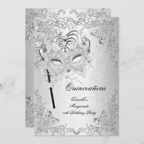 Masquerade Silver Quinceanera 15th Birthday Invitation