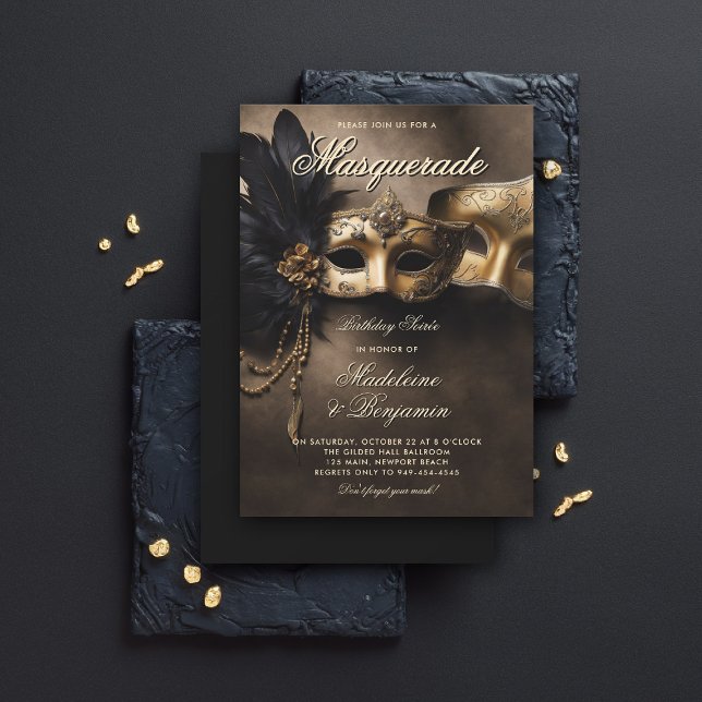 Masquerade Soiree Couple Moody 50th Birthday Invitation (masquerade invitation couple soiree venetian masks birthday party moody black brown gold elegant)