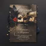 Masquerade Soiree Venetian Masks Duo 50th Birthday Invitation<br><div class="desc">An elegant and glamorous, moody black and gold 50th birthday party invitation template with a masquerade theme, for a couple, featuring two Venetian masquerade masks, elegant calligraphy and a textured moody dark background. Please note that the gold is a digital effect, not real gold foil. A lovely choice for a...</div>