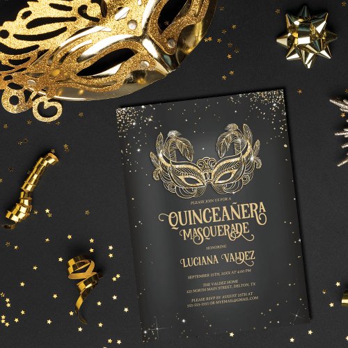 Masquerade Sparkly Gold Glitter Black Quinceaera Invitation