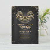 Masquerade Sparkly Gold Glitter Black Sweet 16 Invitation (Standing Front)