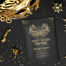 Masquerade Sparkly Gold Glitter Black Sweet 16 Invitation