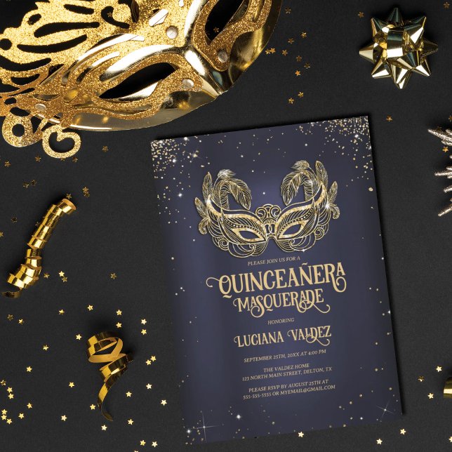 Masquerade Sparkly Gold Glitter Blue Quinceañera Invitation (Creator Uploaded)