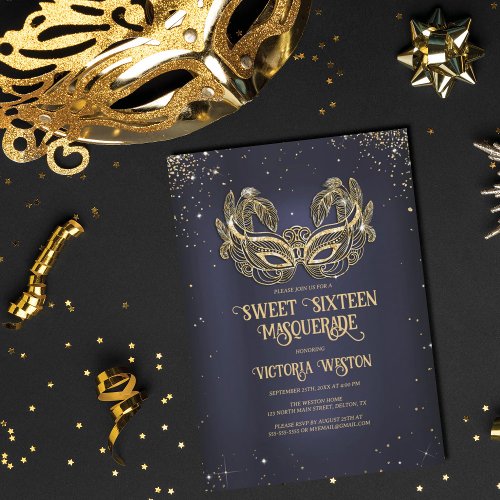 Masquerade Sparkly Gold Glitter Navy Blue Sweet 16 Invitation