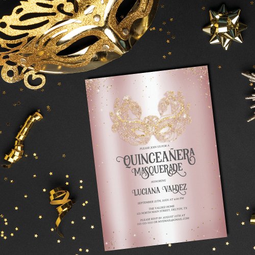 Masquerade Sparkly Gold Glitter Silver Quinceaera Invitation
