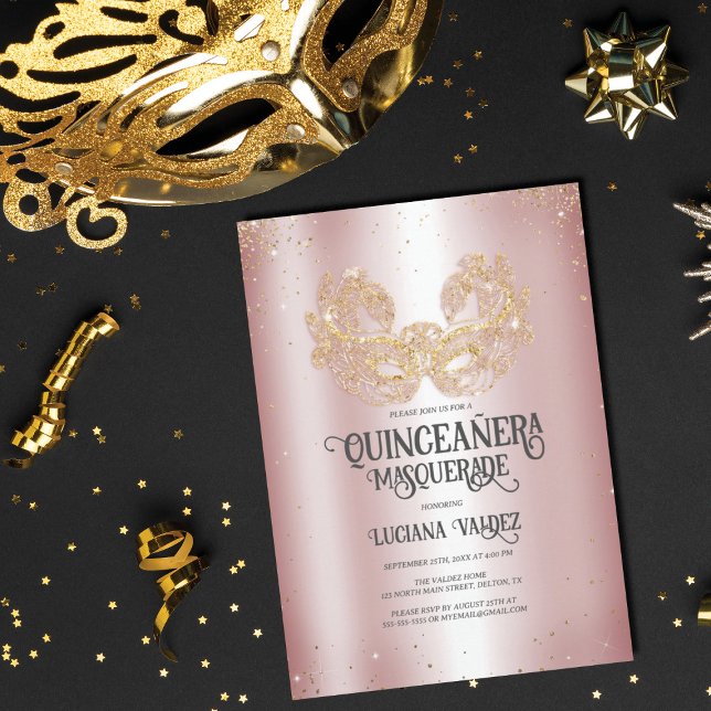 Masquerade Sparkly Gold Glitter Silver Quinceañera Invitation (Creator Uploaded)