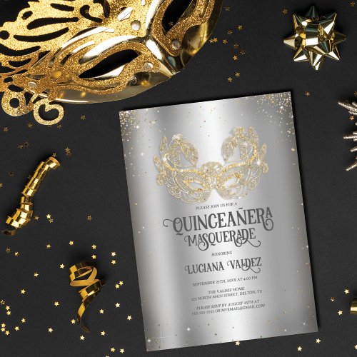 Masquerade Sparkly Gold Glitter Silver Quinceaera Invitation