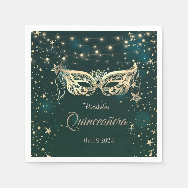 Masquerade,Stars Green Quinceañera   Napkins (Front)