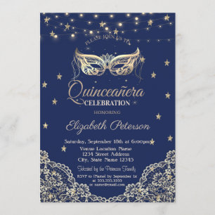 Masquerade,String Lights,Lace,Stars Quinceañera Invitation