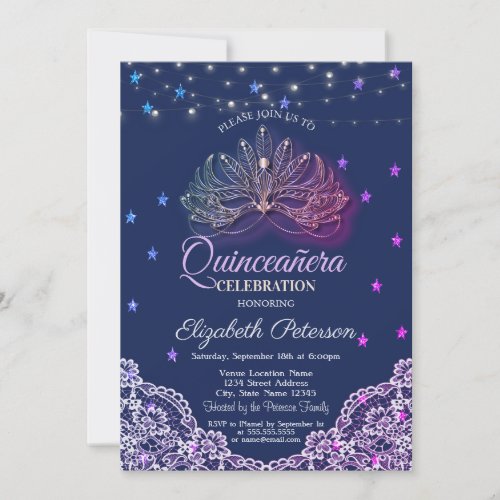 MasqueradeString LightsStarsLace Quinceaera Invitation